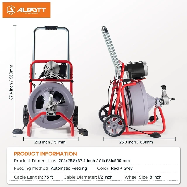 Alt view image 2 of 7 - 75 FT x 1/2 inch Electric Drain Cleaner Machine with Auto-Feed & 9 Cutters, Sewer Snake Auger for 14 Inch Pipes, Foot Switch & Wheels, Ideal for Home & Commercial Use, Grey/Red