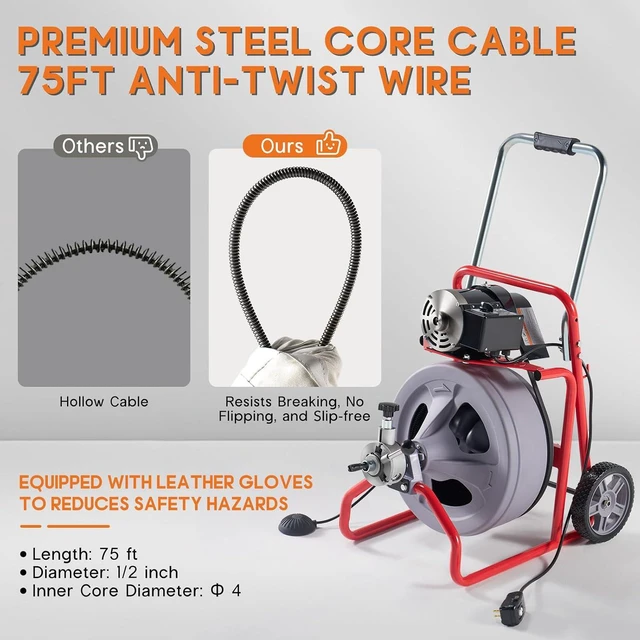 Alt view image 4 of 7 - 75 FT x 1/2 inch Electric Drain Cleaner Machine with Auto-Feed & 9 Cutters, Sewer Snake Auger for 14 Inch Pipes, Foot Switch & Wheels, Ideal for Home & Commercial Use, Grey/Red