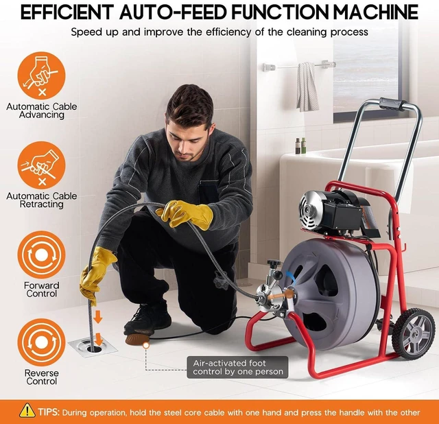 Alt view image 5 of 7 - 100 FT x 3/8 inch Electric Drain Cleaner Machine with Auto-Feed & 9 Cutters, Sewer Snake Auger for 14 Inch Pipes, Foot Switch & Wheels, Ideal for Home & Commercial Use, Grey/Red