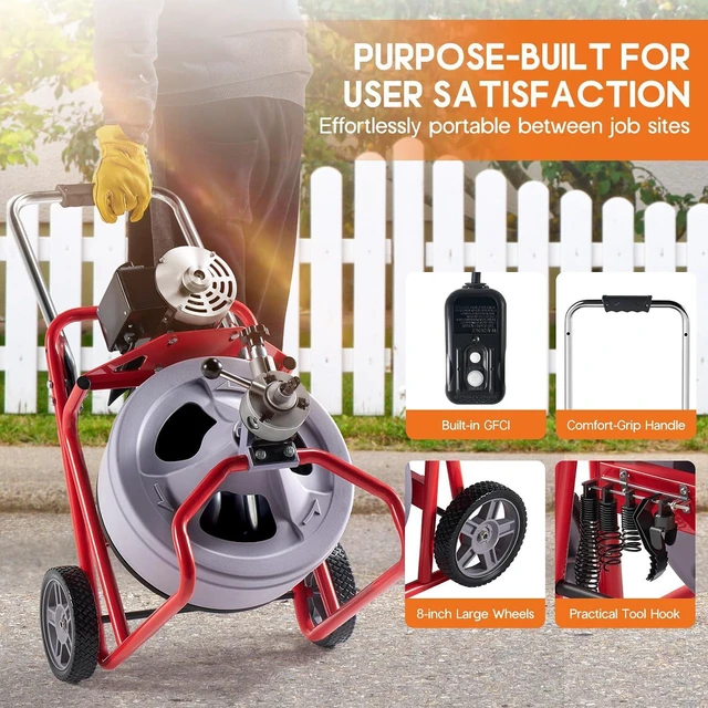 Alt view image 6 of 7 - 75 FT x 1/2 inch Electric Drain Cleaner Machine with Auto-Feed & 9 Cutters, Sewer Snake Auger for 14 Inch Pipes, Foot Switch & Wheels, Ideal for Home & Commercial Use, Grey/Red