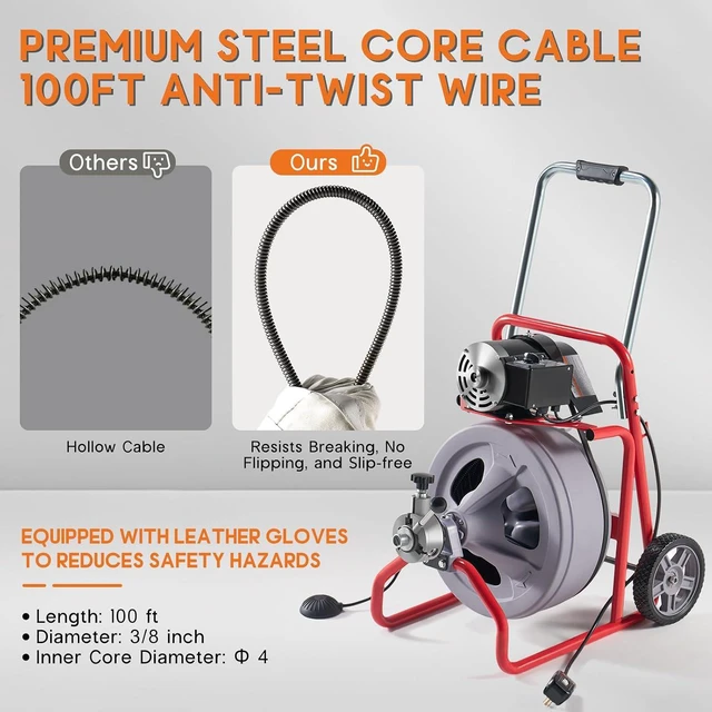 Alt view image 4 of 7 - 100 FT x 3/8 inch Electric Drain Cleaner Machine with Auto-Feed & 9 Cutters, Sewer Snake Auger for 14 Inch Pipes, Foot Switch & Wheels, Ideal for Home & Commercial Use, Grey/Red