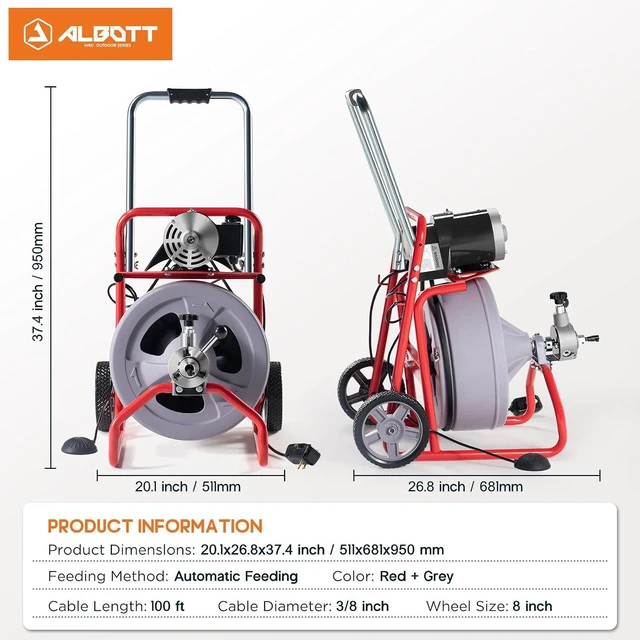 Alt view image 2 of 7 - 100 FT x 3/8 inch Electric Drain Cleaner Machine with Auto-Feed & 9 Cutters, Sewer Snake Auger for 14 Inch Pipes, Foot Switch & Wheels, Ideal for Home & Commercial Use, Grey/Red