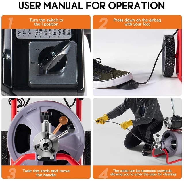 Alt view image 7 of 7 - 100 FT x 3/8 inch Electric Drain Cleaner Machine with Auto-Feed & 9 Cutters, Sewer Snake Auger for 14 Inch Pipes, Foot Switch & Wheels, Ideal for Home & Commercial Use, Grey/Red