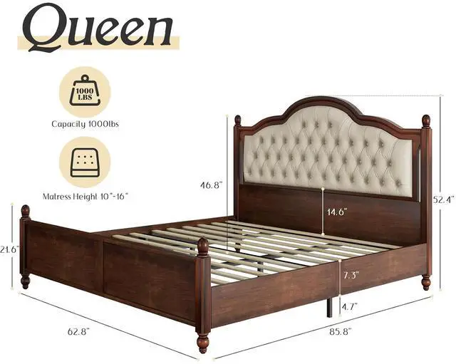Alt view image 2 of 7 - Solid Wood Queen Size Bed Frame, Platform Bed with Upholstered Headboard, Luxury Beds with Wood Slat Support, Walnut