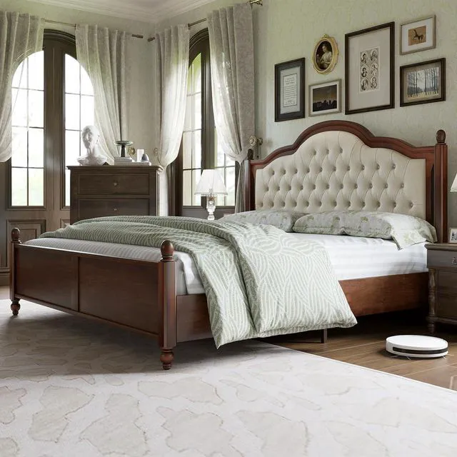 Main image of Solid Wood Queen Size Bed Frame, Platform Bed with Upholstered Headboard, Luxury Beds with Wood Slat Support, Walnut