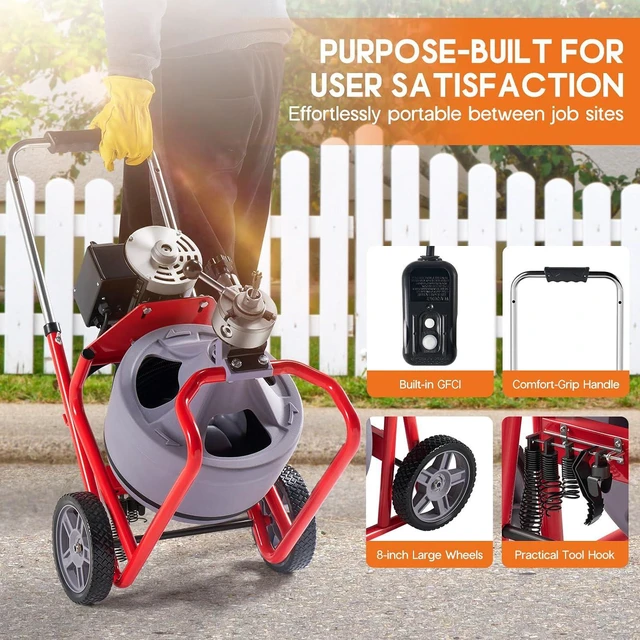 Alt view image 6 of 7 - 75 FT x 3/8 inch Electric Drain Cleaner Machine with Auto-Feed & 9 Cutters, Sewer Snake Auger for 14 Inch Pipes, Foot Switch & Wheels, Ideal for Home & Commercial Use, Grey/Red