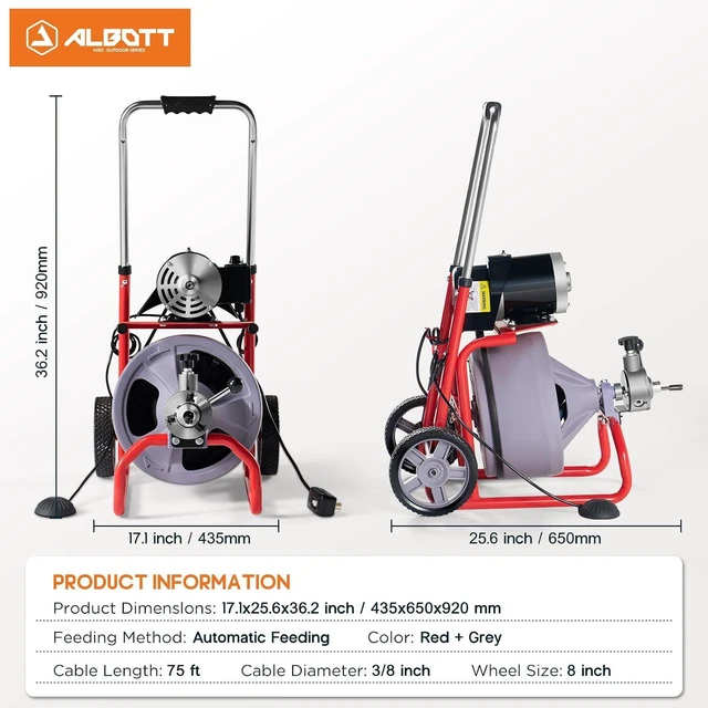 Alt view image 2 of 7 - 75 FT x 3/8 inch Electric Drain Cleaner Machine with Auto-Feed & 9 Cutters, Sewer Snake Auger for 14 Inch Pipes, Foot Switch & Wheels, Ideal for Home & Commercial Use, Grey/Red