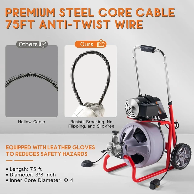 Alt view image 4 of 7 - 75 FT x 3/8 inch Electric Drain Cleaner Machine with Auto-Feed & 9 Cutters, Sewer Snake Auger for 14 Inch Pipes, Foot Switch & Wheels, Ideal for Home & Commercial Use, Grey/Red