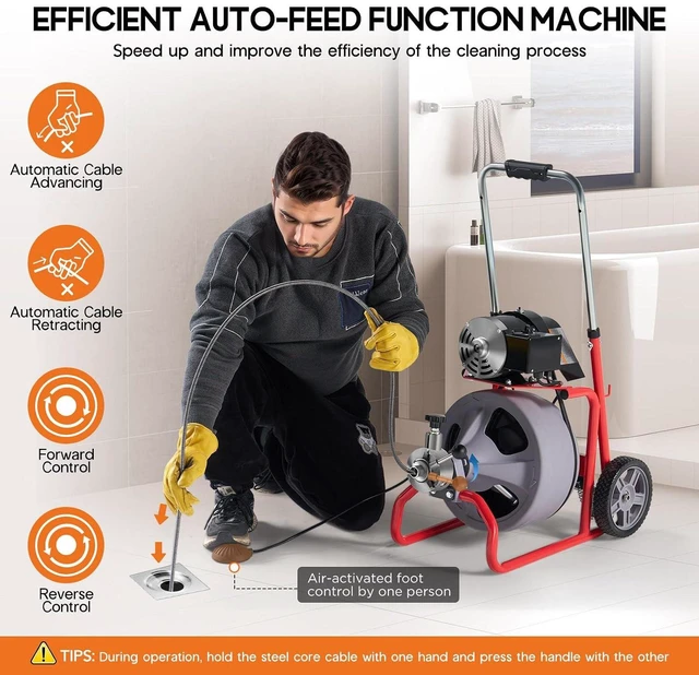 Alt view image 5 of 7 - 75 FT x 3/8 inch Electric Drain Cleaner Machine with Auto-Feed & 9 Cutters, Sewer Snake Auger for 14 Inch Pipes, Foot Switch & Wheels, Ideal for Home & Commercial Use, Grey/Red