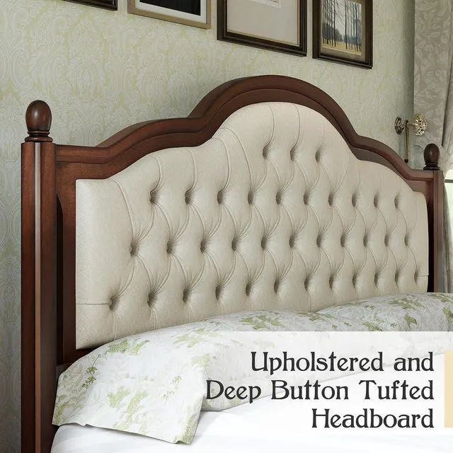 Alt view image 4 of 7 - Solid Wood Queen Size Bed Frame, Platform Bed with Upholstered Headboard, Luxury Beds with Wood Slat Support, Walnut