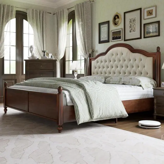 Main image of King Size Solid Wood Bed Frame with Upholstered Headboard, Luxury Platform Beds with Wood Slat Support, Walnut