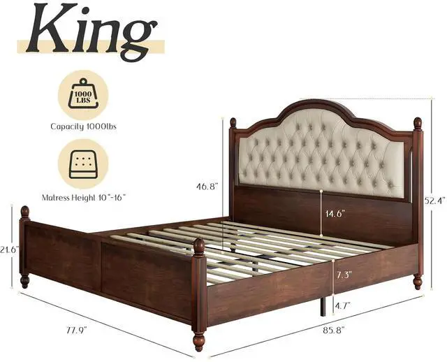 Alt view image 2 of 7 - King Size Solid Wood Bed Frame with Upholstered Headboard, Luxury Platform Beds with Wood Slat Support, Walnut