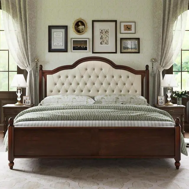 Alt view image 3 of 7 - King Size Solid Wood Bed Frame with Upholstered Headboard, Luxury Platform Beds with Wood Slat Support, Walnut