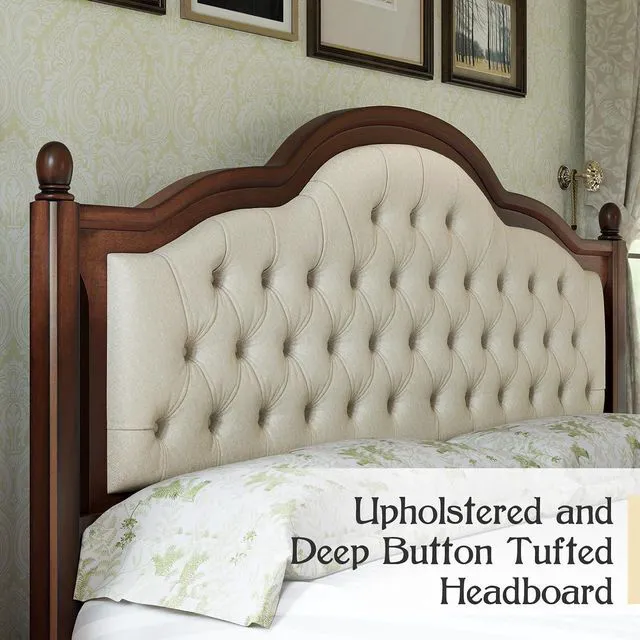 Alt view image 4 of 7 - King Size Solid Wood Bed Frame with Upholstered Headboard, Luxury Platform Beds with Wood Slat Support, Walnut