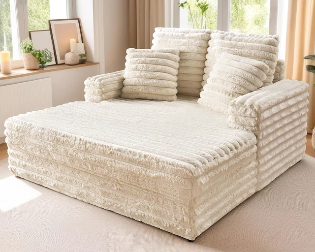 Main image of 58"×53" Chaise Lounge Indoor, Plush Sleeper Chair with Throw Pillows, Upholstered Sofa Bed with Armrests, Plush Chair Bed for Living Room(Creamy White)