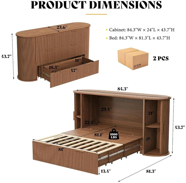 Alt view image 2 of 7 - Queen Murphy Bed with Storage Bedside Shelves & Sliding Tambour Door, Modern Cabinet Bed with Charging Station & Curved Fluted Design for Bedroom/Guest/Home Office, Brown
