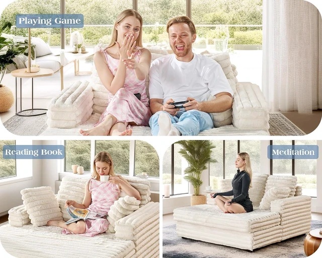Alt view image 7 of 7 - 58"×53" Chaise Lounge Indoor, Plush Sleeper Chair with Throw Pillows, Upholstered Sofa Bed with Armrests, Plush Chair Bed for Living Room(Creamy White)