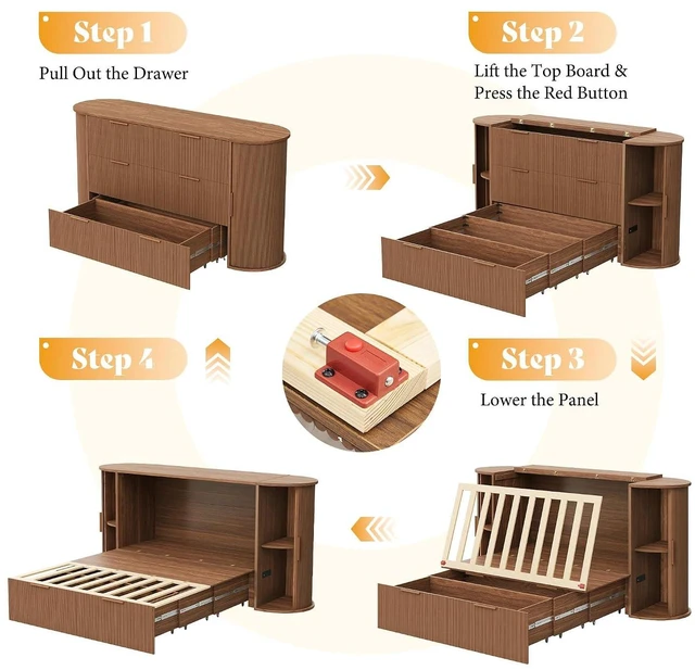 Alt view image 3 of 7 - Queen Murphy Bed with Storage Bedside Shelves & Sliding Tambour Door, Modern Cabinet Bed with Charging Station & Curved Fluted Design for Bedroom/Guest/Home Office, Brown
