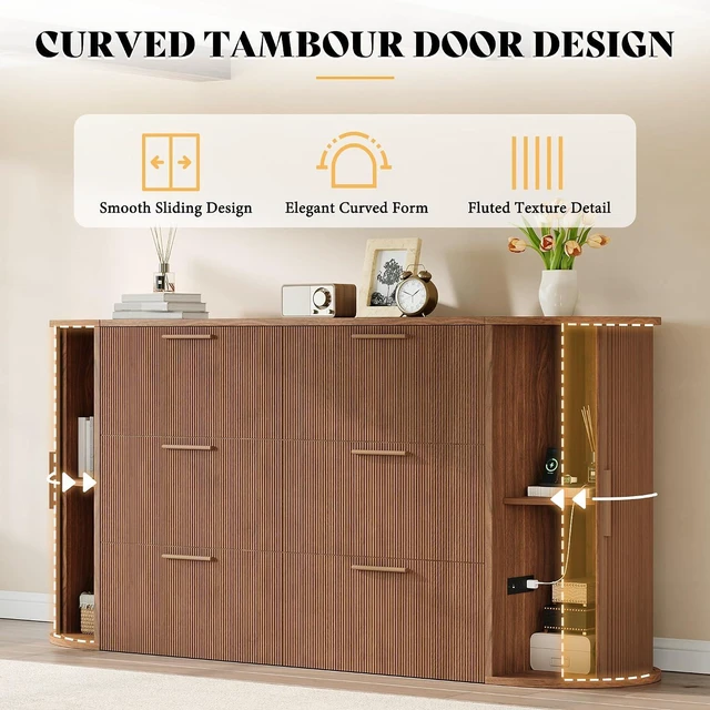 Alt view image 4 of 7 - Queen Murphy Bed with Storage Bedside Shelves & Sliding Tambour Door, Modern Cabinet Bed with Charging Station & Curved Fluted Design for Bedroom/Guest/Home Office, Brown