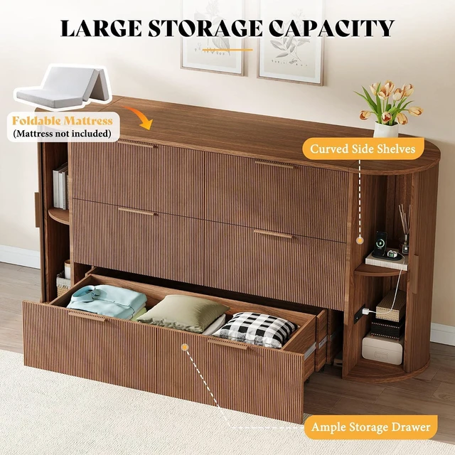 Alt view image 5 of 7 - Queen Murphy Bed with Storage Bedside Shelves & Sliding Tambour Door, Modern Cabinet Bed with Charging Station & Curved Fluted Design for Bedroom/Guest/Home Office, Brown