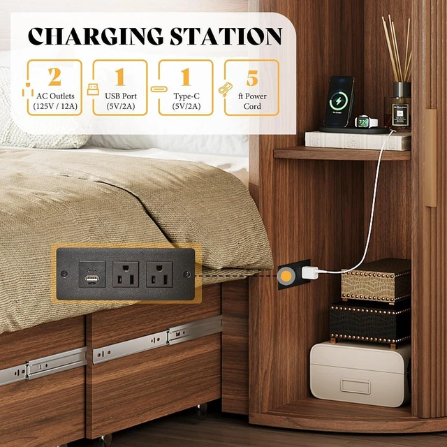 Alt view image 6 of 7 - Queen Murphy Bed with Storage Bedside Shelves & Sliding Tambour Door, Modern Cabinet Bed with Charging Station & Curved Fluted Design for Bedroom/Guest/Home Office, Brown