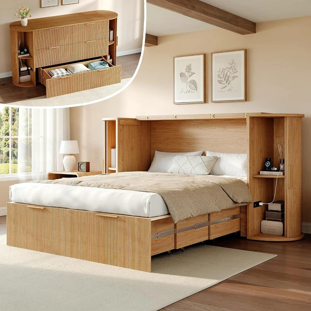 Main image of Full Murphy Bed with Storage Bedside Shelves & Sliding Tambour Door, Modern Cabinet Bed with Charging Station & Curved Fluted Design for Bedroom/Guest/Home Office, Natural Oak