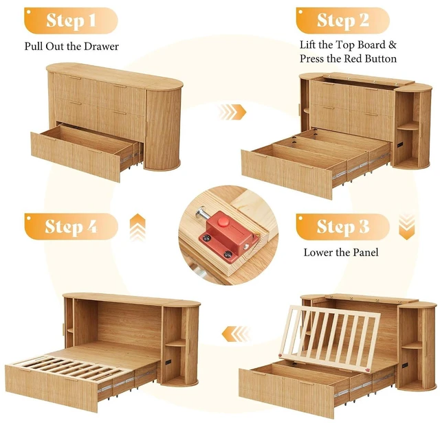 Alt view image 3 of 7 - Full Murphy Bed with Storage Bedside Shelves & Sliding Tambour Door, Modern Cabinet Bed with Charging Station & Curved Fluted Design for Bedroom/Guest/Home Office, Natural Oak