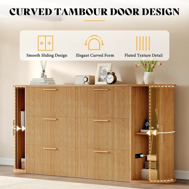Alt view image 4 of 7 - Full Murphy Bed with Storage Bedside Shelves & Sliding Tambour Door, Modern Cabinet Bed with Charging Station & Curved Fluted Design for Bedroom/Guest/Home Office, Natural Oak