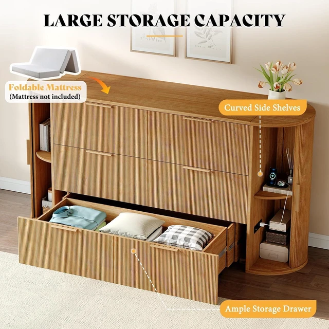 Alt view image 5 of 7 - Full Murphy Bed with Storage Bedside Shelves & Sliding Tambour Door, Modern Cabinet Bed with Charging Station & Curved Fluted Design for Bedroom/Guest/Home Office, Natural Oak