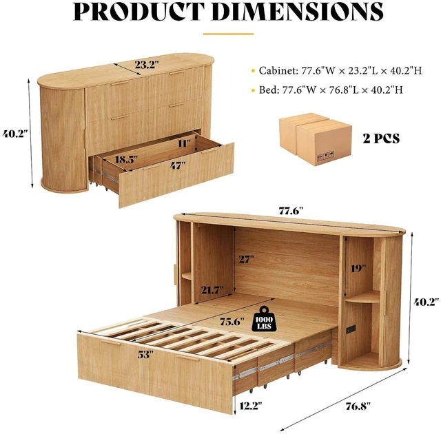 Alt view image 2 of 7 - Full Murphy Bed with Storage Bedside Shelves & Sliding Tambour Door, Modern Cabinet Bed with Charging Station & Curved Fluted Design for Bedroom/Guest/Home Office, Natural Oak