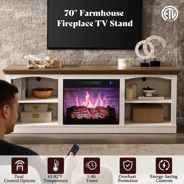 Alt view image 2 of 7 - 70 Inch Fireplace TV Stand for TVs up to 80", Farmhouse Entertainment Center with 23" Electric Fireplace One-Box Delivery, Media Console Table with Storage for Living Room, Distressed White