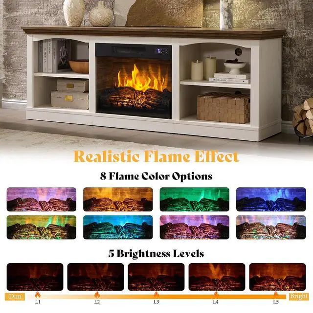 Alt view image 3 of 7 - 70 Inch Fireplace TV Stand for TVs up to 80", Farmhouse Entertainment Center with 23" Electric Fireplace One-Box Delivery, Media Console Table with Storage for Living Room, Distressed White