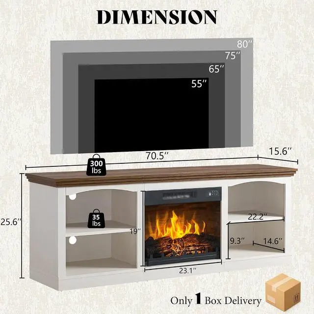 Alt view image 4 of 7 - 70 Inch Fireplace TV Stand for TVs up to 80", Farmhouse Entertainment Center with 23" Electric Fireplace One-Box Delivery, Media Console Table with Storage for Living Room, Distressed White