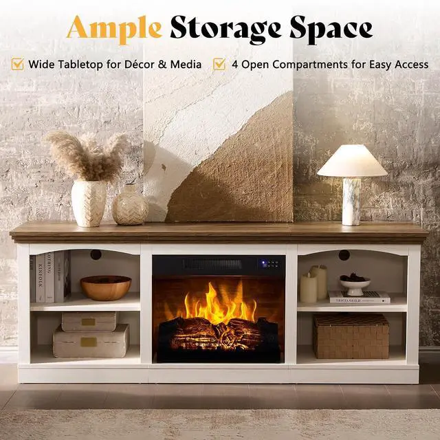 Alt view image 5 of 7 - 70 Inch Fireplace TV Stand for TVs up to 80", Farmhouse Entertainment Center with 23" Electric Fireplace One-Box Delivery, Media Console Table with Storage for Living Room, Distressed White