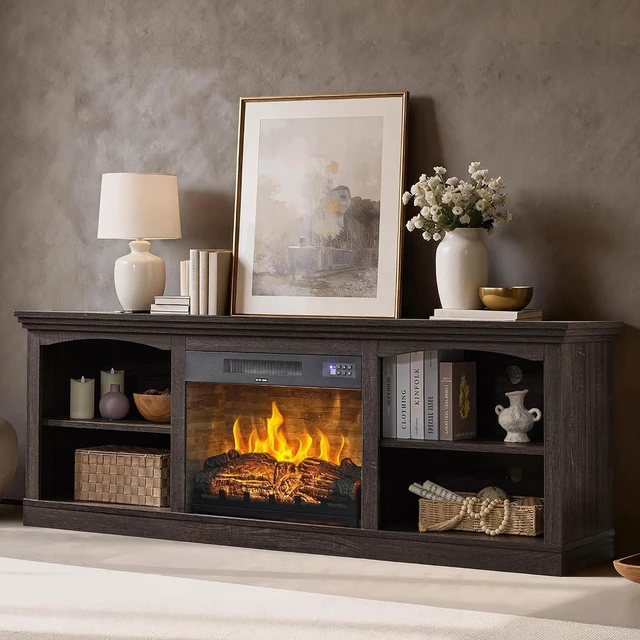 Main image of 70 Inch Fireplace TV Stand for TVs up to 80", Farmhouse Entertainment Center with 23" Electric Fireplace One-Box Delivery, Media Console Table with Storage for Living Room, Black
