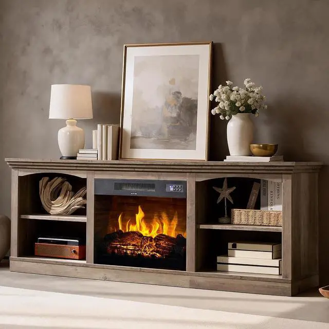 Main image of 70 Inch Fireplace TV Stand for TVs up to 80", Farmhouse Entertainment Center with 23" Electric Fireplace One-Box Delivery, Media Console Table with Storage for Living Room, Rustic Grey