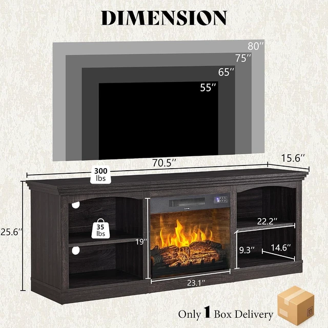 Alt view image 6 of 7 - 70 Inch Fireplace TV Stand for TVs up to 80", Farmhouse Entertainment Center with 23" Electric Fireplace One-Box Delivery, Media Console Table with Storage for Living Room, Black