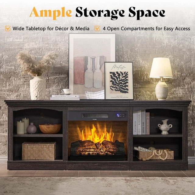 Alt view image 4 of 7 - 70 Inch Fireplace TV Stand for TVs up to 80", Farmhouse Entertainment Center with 23" Electric Fireplace One-Box Delivery, Media Console Table with Storage for Living Room, Black