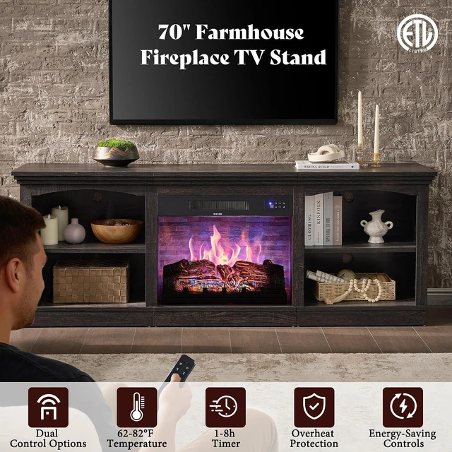Alt view image 2 of 7 - 70 Inch Fireplace TV Stand for TVs up to 80", Farmhouse Entertainment Center with 23" Electric Fireplace One-Box Delivery, Media Console Table with Storage for Living Room, Black