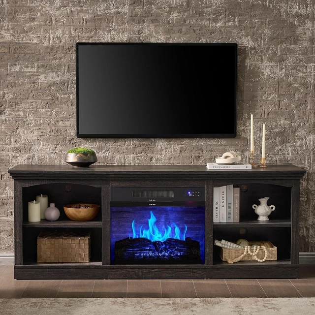 Alt view image 7 of 7 - 70 Inch Fireplace TV Stand for TVs up to 80", Farmhouse Entertainment Center with 23" Electric Fireplace One-Box Delivery, Media Console Table with Storage for Living Room, Black