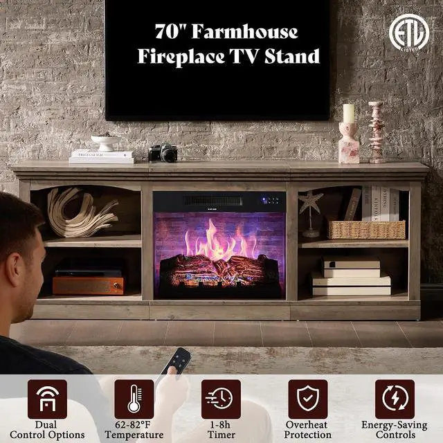 Alt view image 2 of 7 - 70 Inch Fireplace TV Stand for TVs up to 80", Farmhouse Entertainment Center with 23" Electric Fireplace One-Box Delivery, Media Console Table with Storage for Living Room, Rustic Grey
