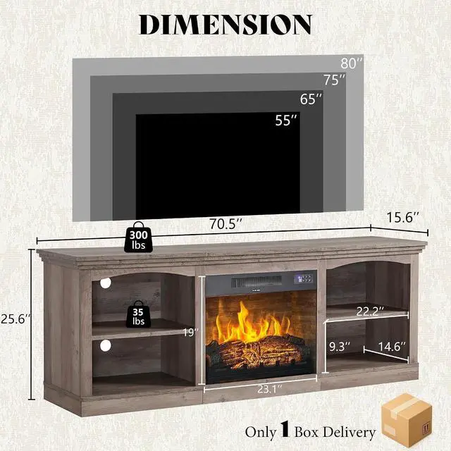 Alt view image 6 of 7 - 70 Inch Fireplace TV Stand for TVs up to 80", Farmhouse Entertainment Center with 23" Electric Fireplace One-Box Delivery, Media Console Table with Storage for Living Room, Rustic Grey