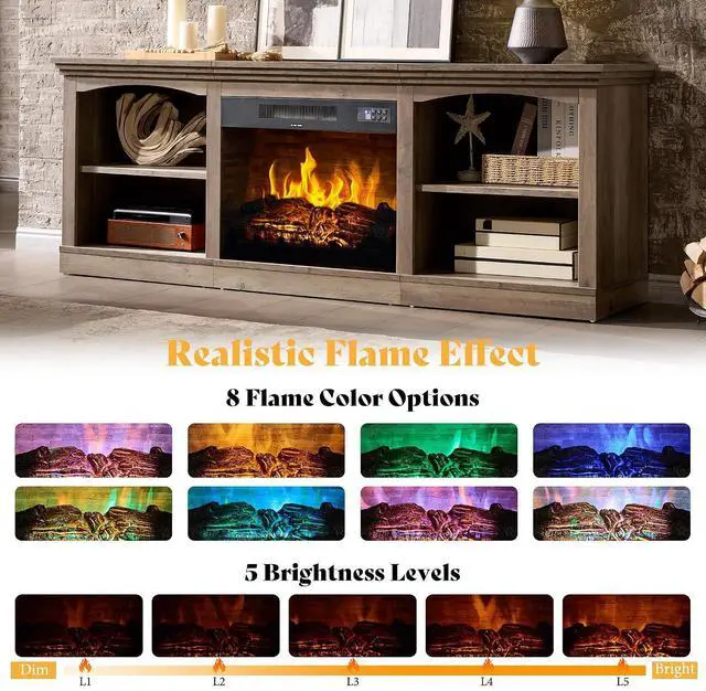 Alt view image 3 of 7 - 70 Inch Fireplace TV Stand for TVs up to 80", Farmhouse Entertainment Center with 23" Electric Fireplace One-Box Delivery, Media Console Table with Storage for Living Room, Rustic Grey