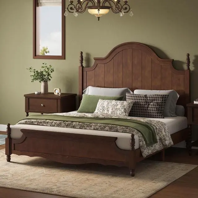 Alt view image 3 of 7 - King Solid Wood Poster Bed with Arched Headboard, Dark Walnut | Traditional Style Solid Wood Bed, 55" Headboard, Wooden Slats, No Box Spring Needed, Easy Assembly