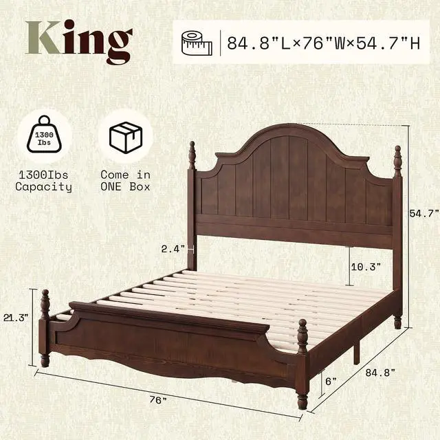 Alt view image 2 of 7 - King Solid Wood Poster Bed with Arched Headboard, Dark Walnut | Traditional Style Solid Wood Bed, 55" Headboard, Wooden Slats, No Box Spring Needed, Easy Assembly