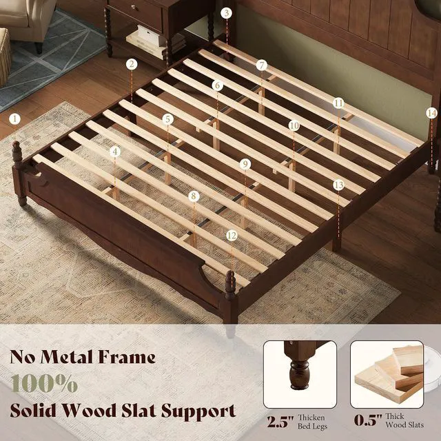 Alt view image 7 of 7 - King Solid Wood Poster Bed with Arched Headboard, Dark Walnut | Traditional Style Solid Wood Bed, 55" Headboard, Wooden Slats, No Box Spring Needed, Easy Assembly