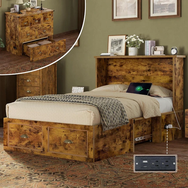 Main image of Twin Size Murphy Bed, Farmhouse Wooden Cabinet with Charging Station and Storage Drawer for Bedroom/Office/Guest Room, Rustic Brown