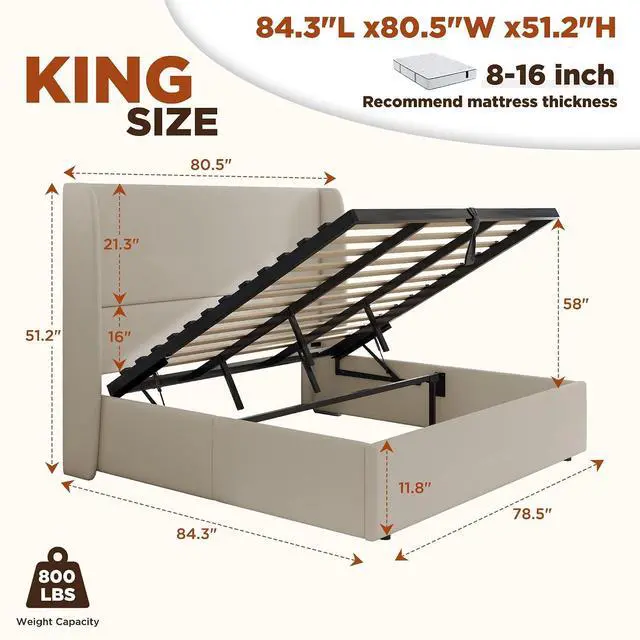 Alt view image 3 of 7 - King Size Lift Up Storage Bed Frame with 51.2" Wingback Headboard, Linen Upholstered Platform Bed, Hydraulic Support System, Reinforced Metal Structure, No Box Spring Needed, Khaki