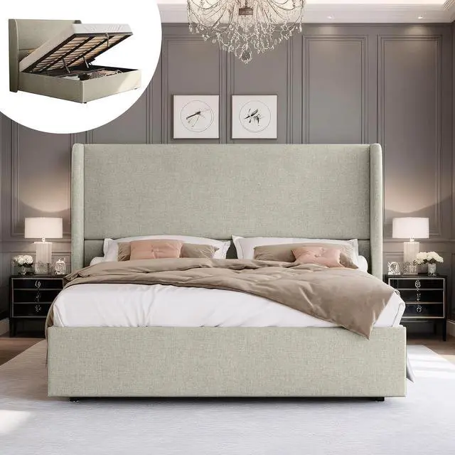 Main image of King Size Lift Up Storage Bed Frame with 51.2" Wingback Headboard, Linen Upholstered Platform Bed, Hydraulic Support System, Reinforced Metal Structure, No Box Spring Needed, Khaki