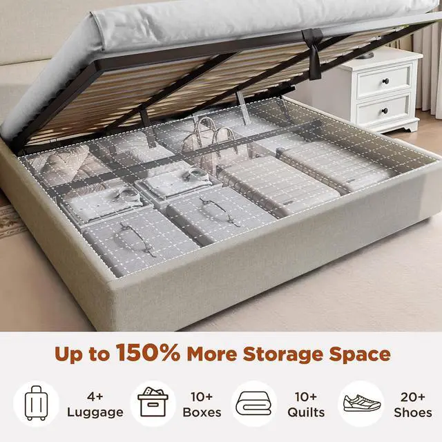 Alt view image 4 of 7 - King Size Lift Up Storage Bed Frame with 51.2" Wingback Headboard, Linen Upholstered Platform Bed, Hydraulic Support System, Reinforced Metal Structure, No Box Spring Needed, Khaki